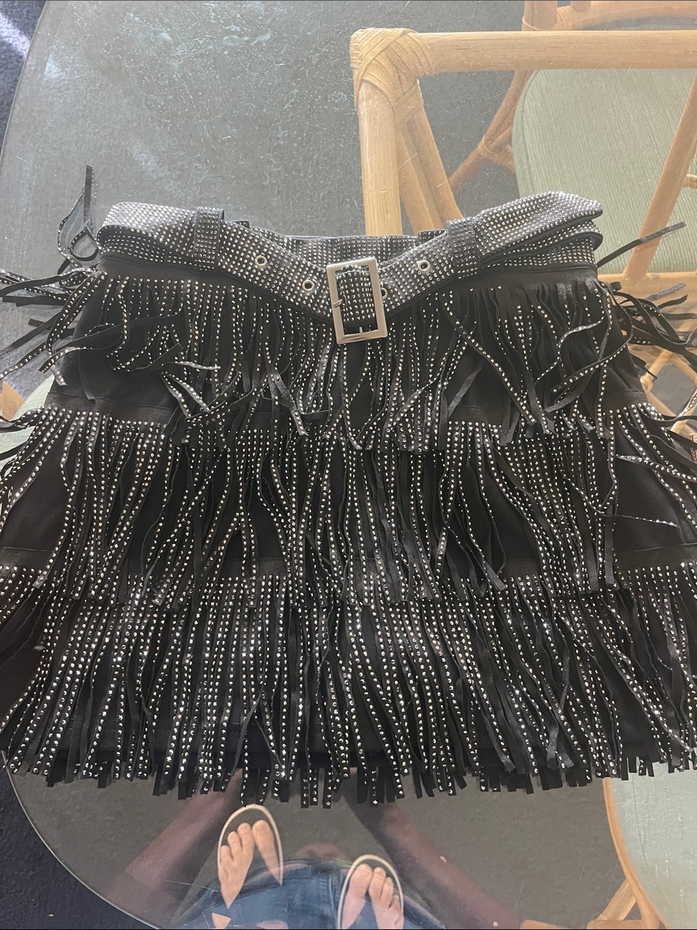 Black Fringed Mini Skirt with Studded Belt